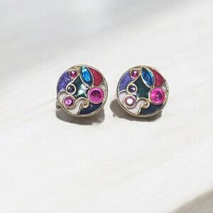 Beautiful Vintage Clip on Earrings Enamel and Gemstone Gold Tone
